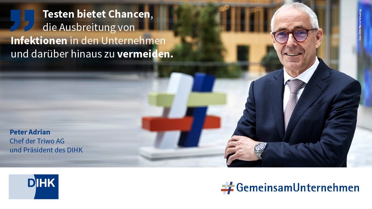 DIHK_News's tweet photo. Die #Testbereitschaft in der Wirtschaft ist hoch. Betriebe übernehmen gesellschaftliche Verantwortung und unterstützen die Teststrategie von Bund u. Ländern mit aller Kraft. Auch DIHK-Präsident Peter Adrian und seine Vizes machen mit bei #WirtschaftTestet: https://t.co/8gtBTGdoID https://t.co/bC485IkjUC