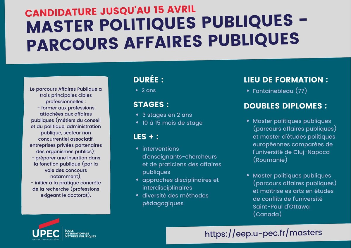 IEP_UPEC's tweet photo. #Master Politiques Publiques : découvrez les 3 parcours disponibles à l'#eep_upec

➡ Parcours affaires publiques
➡ Parcours transformation numérique et territoires
➡ Parcours politiques de santé et risques environnementaux

⚠️ Candidature jusqu'au 15 avril https://t.co/VK5OCTT5Dm
