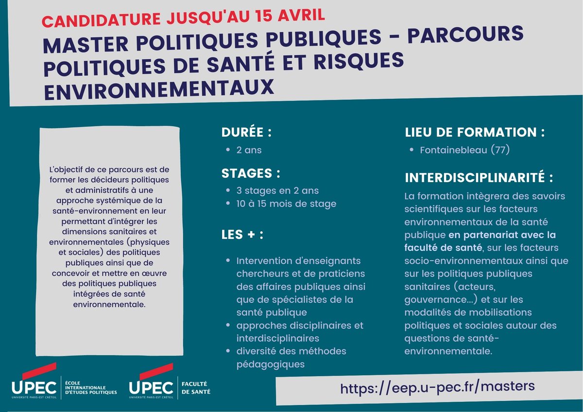 IEP_UPEC's tweet photo. #Master Politiques Publiques : découvrez les 3 parcours disponibles à l'#eep_upec

➡ Parcours affaires publiques
➡ Parcours transformation numérique et territoires
➡ Parcours politiques de santé et risques environnementaux

⚠️ Candidature jusqu'au 15 avril https://t.co/VK5OCTT5Dm