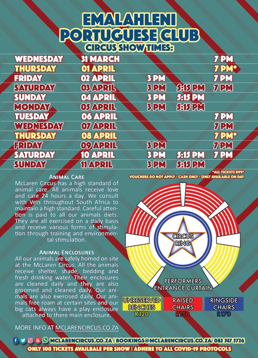 mclarenscircus's tweet photo. #McLarenCircus presents Big Top #Circus Spectacular 2021 Show in #Emalahleni #Witbank until Sunday 11 April #Belfast #Bethal #Clewer #Delmas #Eloff #Kriel #Hendrina #Middelburg #Nkangala #Ogies #Phola #Rietspruit #Mpumalanga #MyBetterNormal #WooliesEaster Visit #Africa's No1 πͺπ https://t.co/A9qdkWLLXB