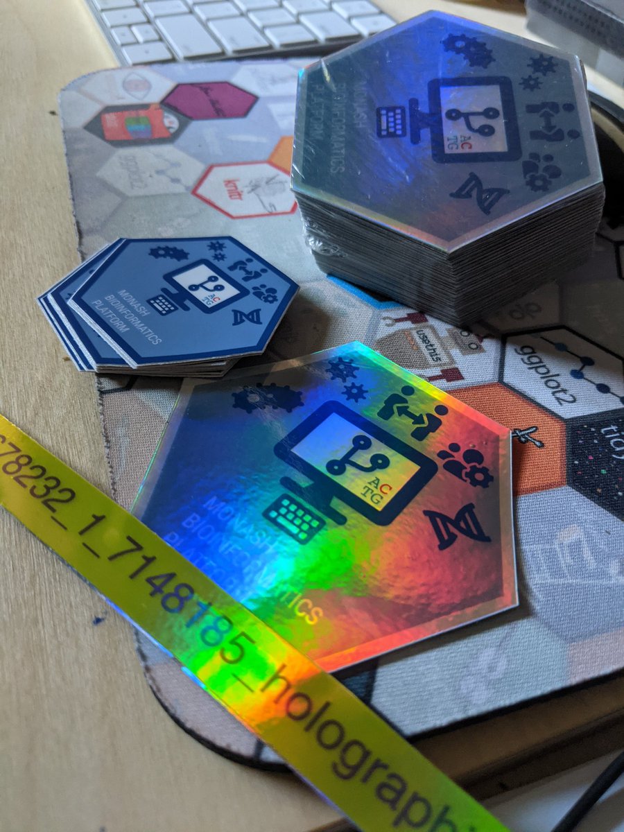 methylnick's tweet photo. So had a chance to get some #holographic #stickers from @stickermule and decided to level up our original design. I forgot to check dimensions and this is the result. #hexsticker @MonashBioinfo #notonlyabioinformatician https://t.co/4K5nebWKEq