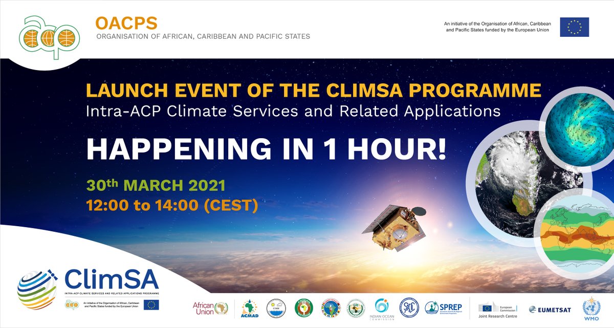 intraacpclimsa's tweet photo. #Happeningtoday ! #Joinus for the #Launchevent of the #ClimateServices and Related Applications Programme (ClimSA), which will be held from 12:00-14:00 CEST. Still time to register to the online event: https://t.co/ZtpxEjXe55
@PressACP @WMO @eumetsat https://t.co/jK0eYzLl3i