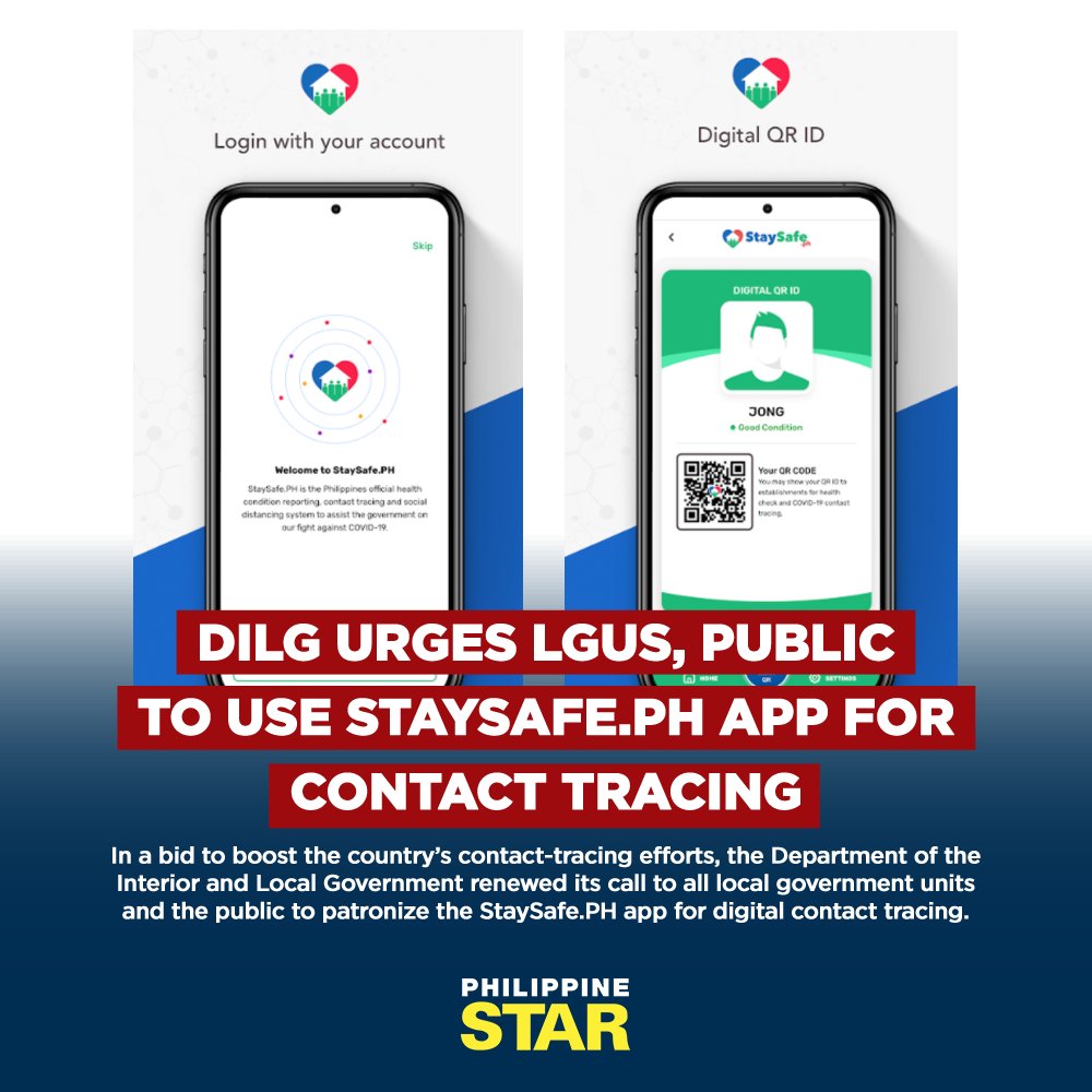 PhilippineStar's tweet photo. In a bid to boost the country’s contact-tracing efforts, the Department of the Interior and Local Government renewed its call to all local government units and the public to patronize the https://t.co/MGP83RNKpP app for digital contact tracing. https://t.co/kWNgIZ5sDj