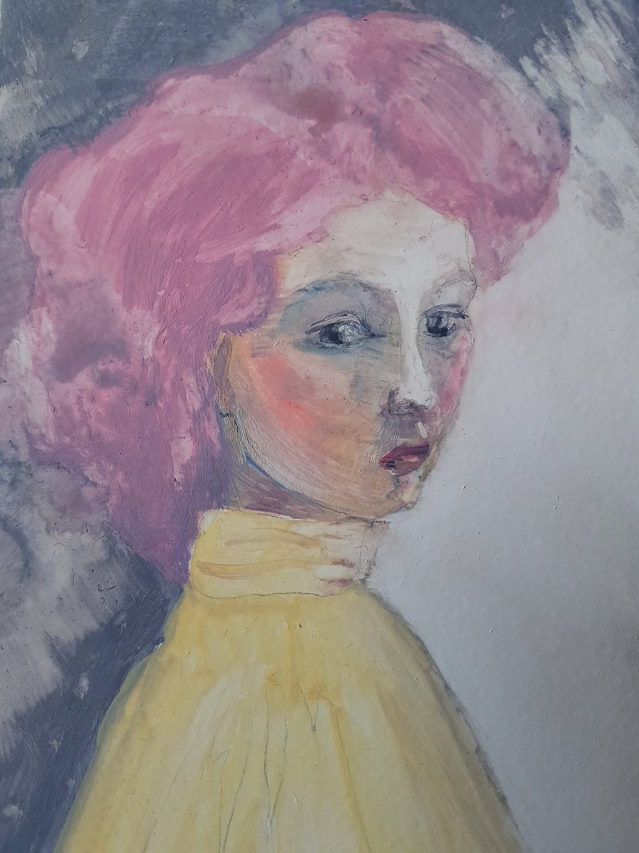 CarolineBrownA1's tweet photo. Returned to a little painting that had been bugging me; sorted her out with a big brush of water and some wiping out. Happier with her now. Version 2 of Lily. Gouache on panel. 6" x 4" #gouache #gouachepainting #pinkhair #imaginaryportrait #carolinebrownartist https://t.co/XgEpg2jJuM