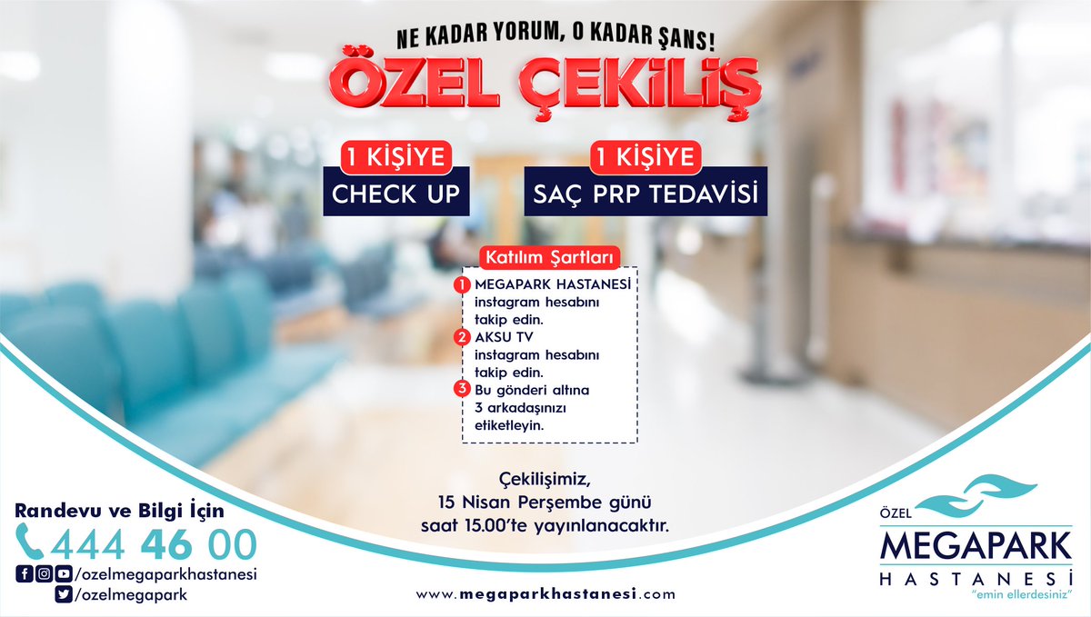 🎉 ÖZEL ÇEKİLİŞ

Yapmanız gerekenler çok basit;
⚡@ozelmegaparkhastanesi instagram hesabını takip edin. 
⚡<a href="/aksutv/">Aksu Tv 🇹🇷</a> instagram hesabını takip edin. 
⚡Instagram'da bu gönderi altına 3 arkadaşınızı etiketleyin.

#ÖzelMegaparkHastanesi