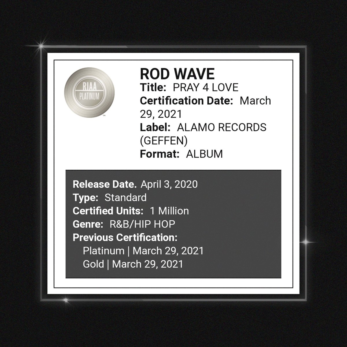 just went 3x platinum.🥰
my first plaques. forever grateful for these.
rags2riches - 2x platinum
pray 4 love [album] - 1x platinum

the craziest part is me and <a href="/daysixbeats/">daysix.</a> really went plat off a youtube beat🤯