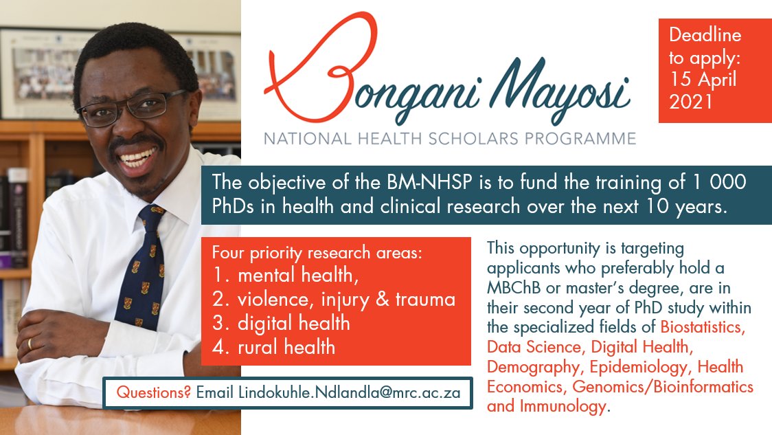 UCTpostgrads's tweet photo. Do you hold a MBChB or master’s degree? Are you in your 2nd year of PhD study within the specialised fields of #biostatistics, #DataScience, #digitalhealth, #demography, #epidemiology, #HealthEconomics, #Genomics / #Bioinformatics &amp; #immunology? More info: https://t.co/E9KDTOHRtO https://t.co/buH8iWUwcI