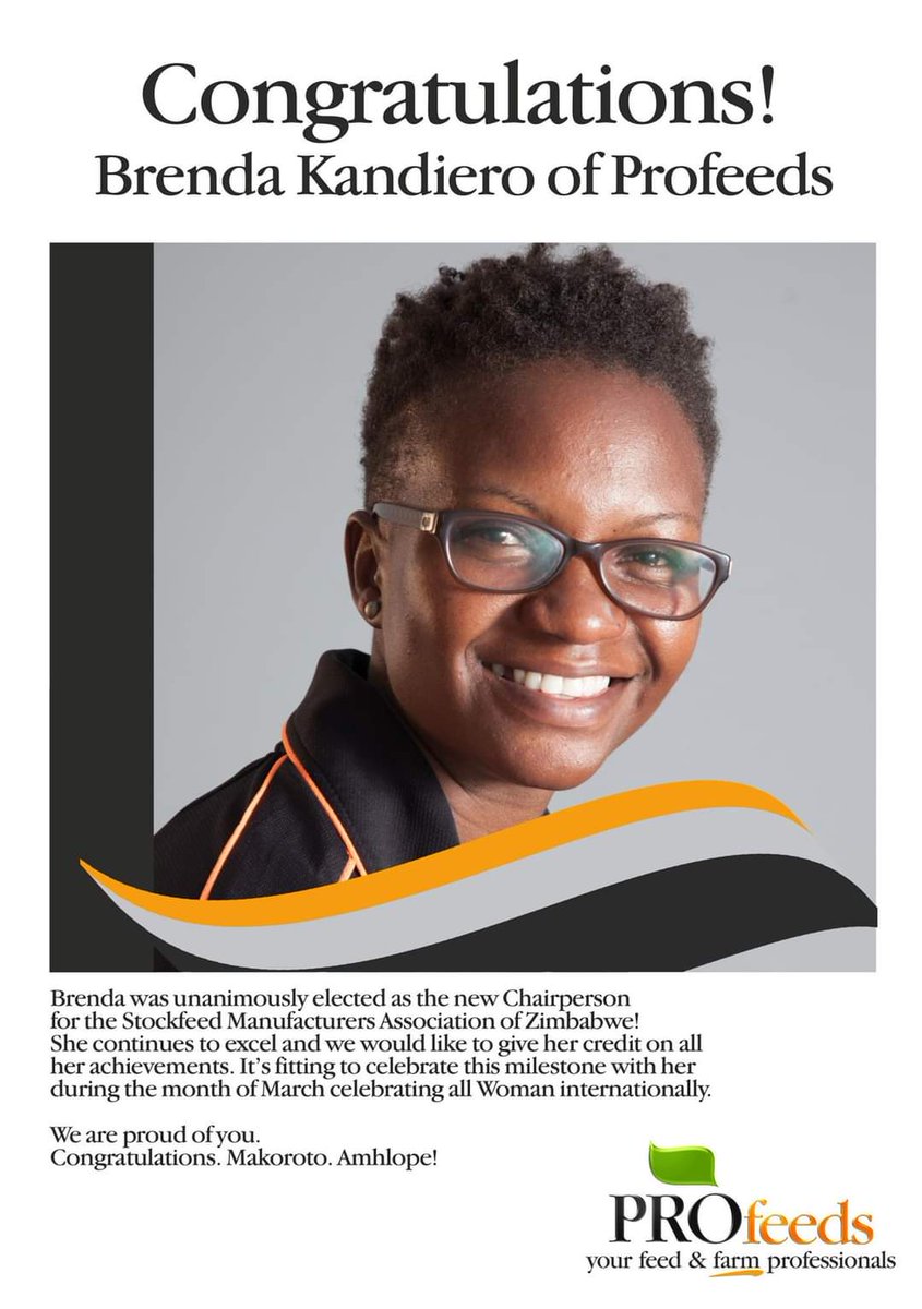 agribusinesszw's tweet photo. We're incredibly proud of Brenda Kandiero and her recent appointment to be the new Chairperson of The Stockfeed Manufacturers Association of Zimbabwe (SMA Zim). Keep it up Brenda, congratulations.
#Profeeds #PerformanceFeed #ProfeedsProfessional #WomansMonth #Proud
| Profeeds https://t.co/10m3OpnFGz