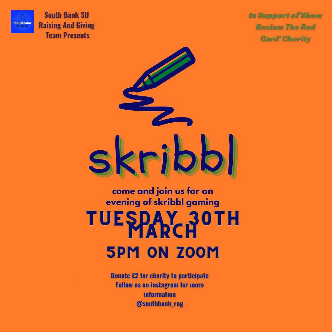 In support of <a href="/SRTRC_England/">Show Racism the Red Card</a> <a href="/SouthBankRAG/">South Bank RAG</a>'s second event of the RAG Week is Skribbl evening.
Join us to show who can draw or guess better to raise awareness against racism!

Participants are encouraged to donate £2 for <a href="/SRTRC_England/">Show Racism the Red Card</a> 
Joining 🔗in lintree linktr.ee/SouthBankRAG