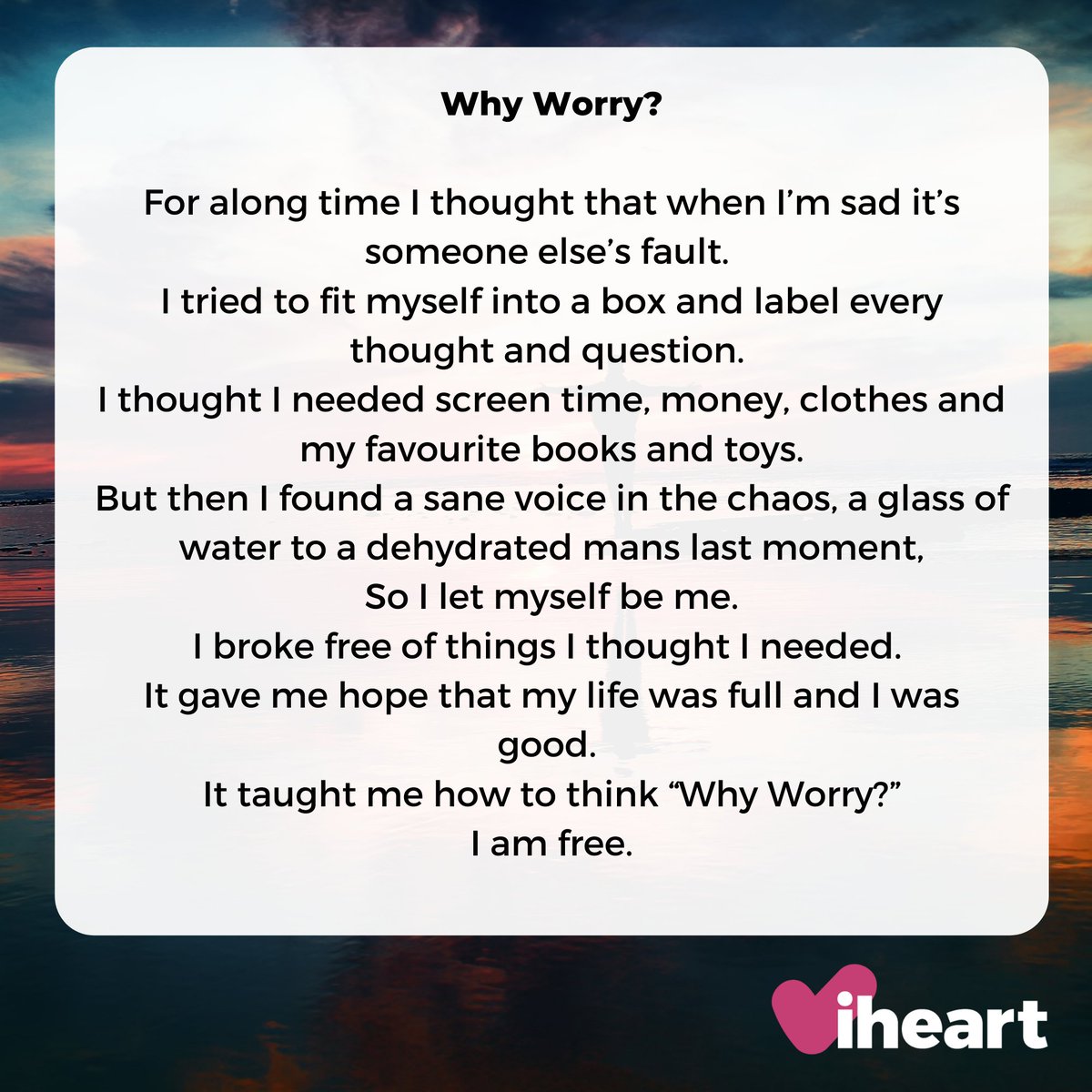 iheart_charity's tweet photo. #TestimonialTuesday ‘I am free’

The iheart Curriculum aims to uncover the innate hope, confidence and gratitude in our young people. We never fail to be amazed by what our students create as they reach the end of the iheart sessions, this ‘Why Worry’ poem is no exception. https://t.co/9PaTwTMFuf