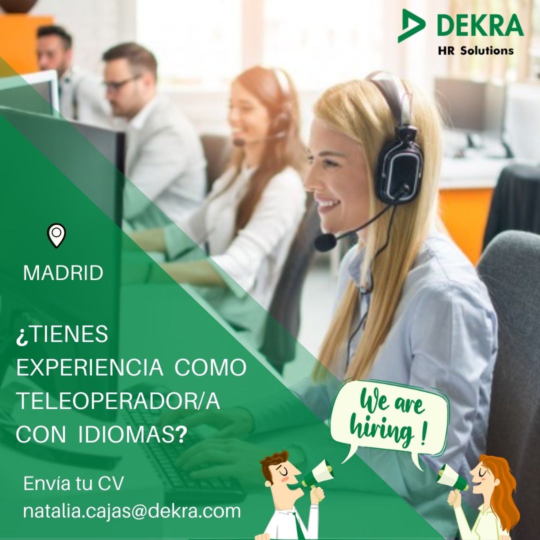 DekraEmpleo's tweet photo. Desde Dekra seleccionamos Teleoperadores/as con idiomas (Griego, Eslovaco, Búlgaro, Croata, Lituano)

Madrid Zona Metro esperanza.

Envía tu CV con asunto “ teleoperador con idiomas” a natalia.cajas@dekra.com.

#empleomadrid #trabajomadrid #ofertaempleo #ofertalaboral #madrid https://t.co/MuHYO8MnR5