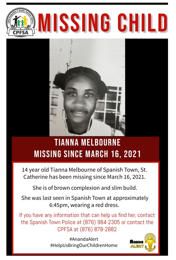 cpfsajm's tweet photo. #AnandaAlert 

14 year old Tianna Melbourne, missing since March 16. Last seen in Spanish Town at approximately 6:45 pm, wearing a red dress.

If you have any information to help us locate her, contact the Spanish Town police at (876) 984-2305 or the CPFSA at (876) 878-2882. https://t.co/tN8y6skgk6