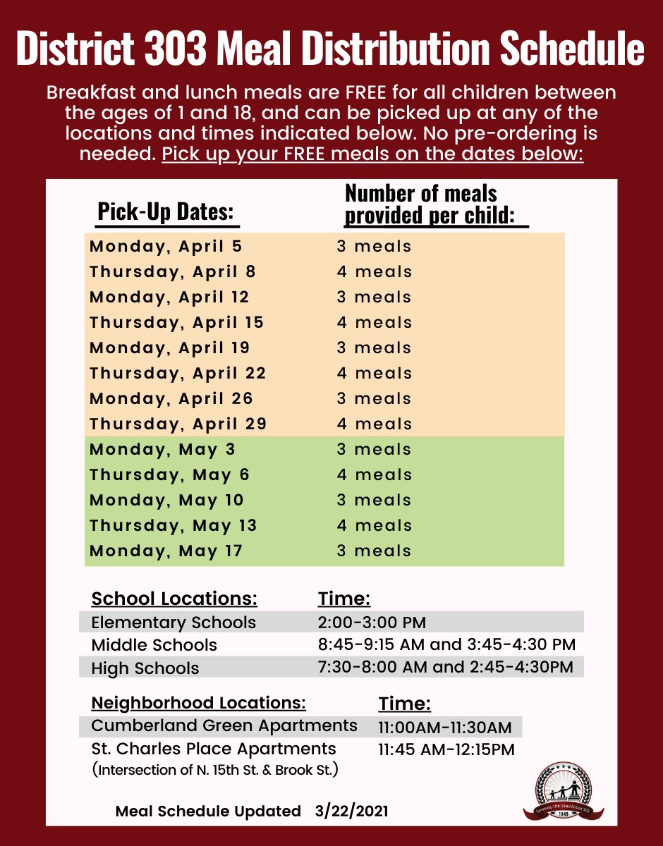 ThompsonD303's tweet photo. District 303 Meal Distribution Schedule for April and May 🍽🍎

Horario de Distribución de Comidas durante abril y mayo 🍽🍎 https://t.co/NYhB8sQDVH
