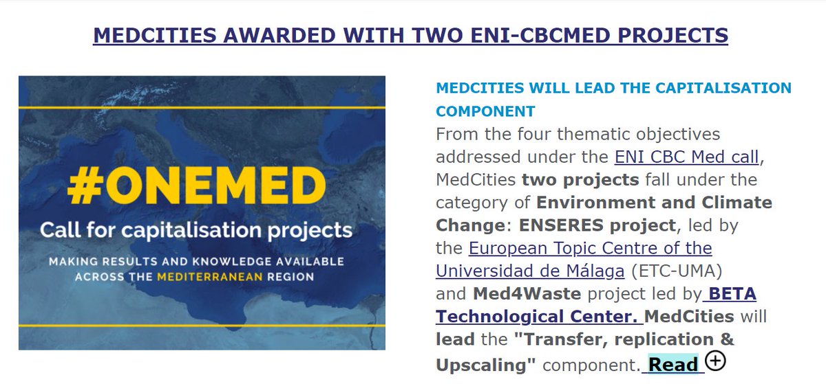 MedCities's tweet photo. #MedCities awarded with two @ENICBCMed projects: ENSERES (led by @ETC_UMA ) from wich #Sfax member and Tyre will benefit & WASTE4MED (led by @BETA_TechCenter ), under the category of Environment and Climate Change.
👉 https://t.co/Jycbh2yxDb
#capitalization #transferknowledge https://t.co/kwVhyDSDqE