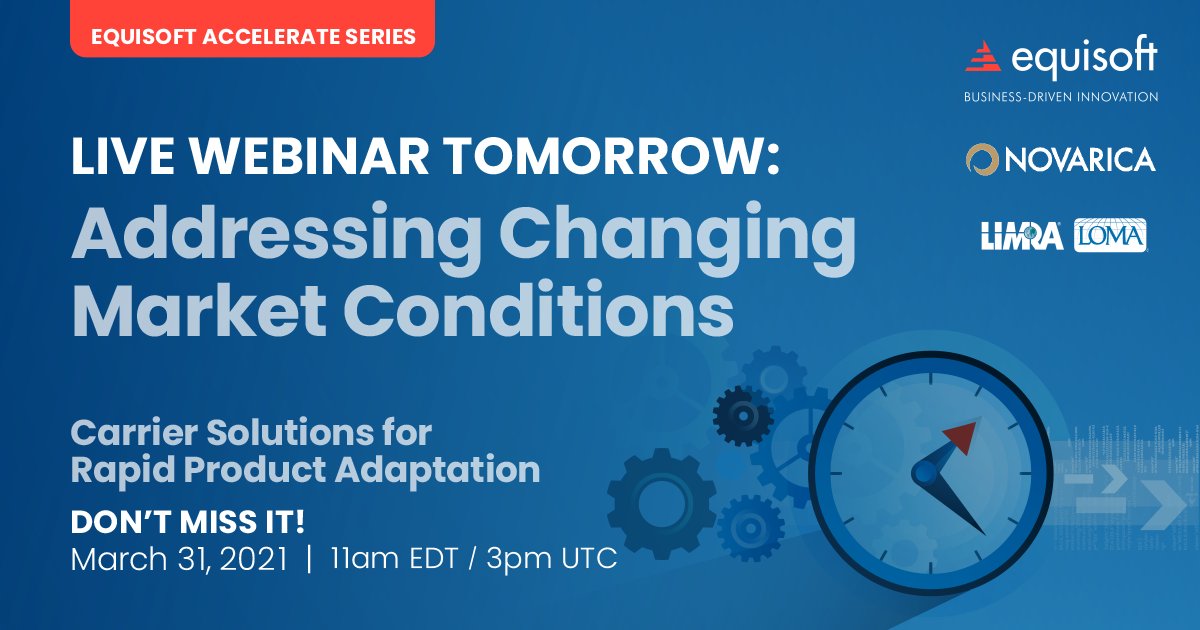 Equisoft's tweet photo. It's tomorrow! The next #EquisoftAccelerate webinar kicks off at 11am on Wednesday March 31. Join Equisoft, @novarica and @LIMRA for a deep exploration of the best ways to accelerate product development to meet market challenges. Register now: https://t.co/KS0jGjchx5 https://t.co/vxAagQ9uRW
