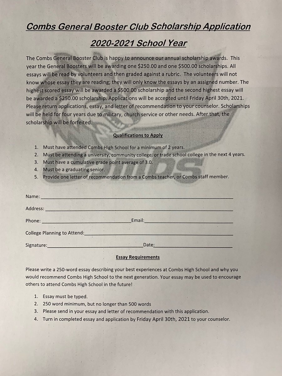 Combs Booster Club Scholarship Application