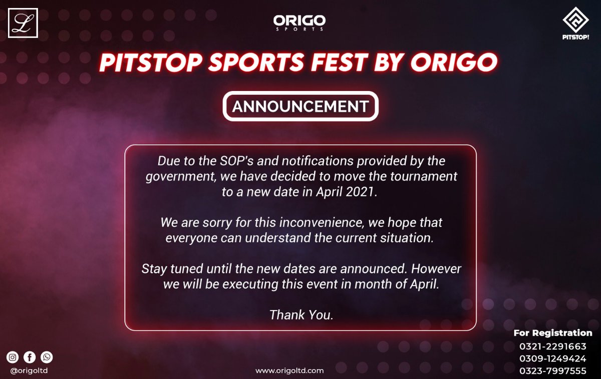 OrigoLtd's tweet photo. Due to the SOP's and notifications by the government, we have decided to move the tournament to a new date in April 2021.

Stay tuned with Origo Limited until the new dates are announced.

For more information dail: 0321-2291663 | 0309-1249424 | 0323-7997555 https://t.co/QBhI5mhxtG
