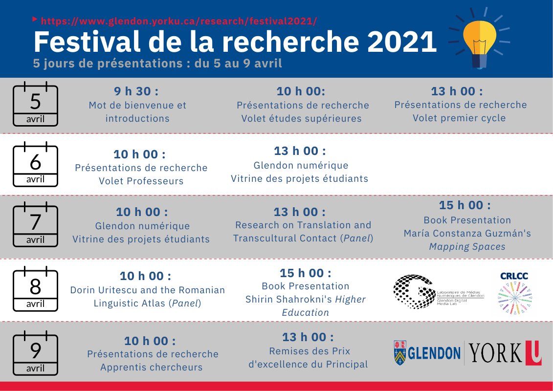 Réservez la date : rejoignez-nous pour notre Festival annuel de la recherche qui aura lieu virtuellement du 5 au 9 avril. Découvrez le programme de cette année ici : bit.ly/3u5LGbA #Glendon #YUResearch