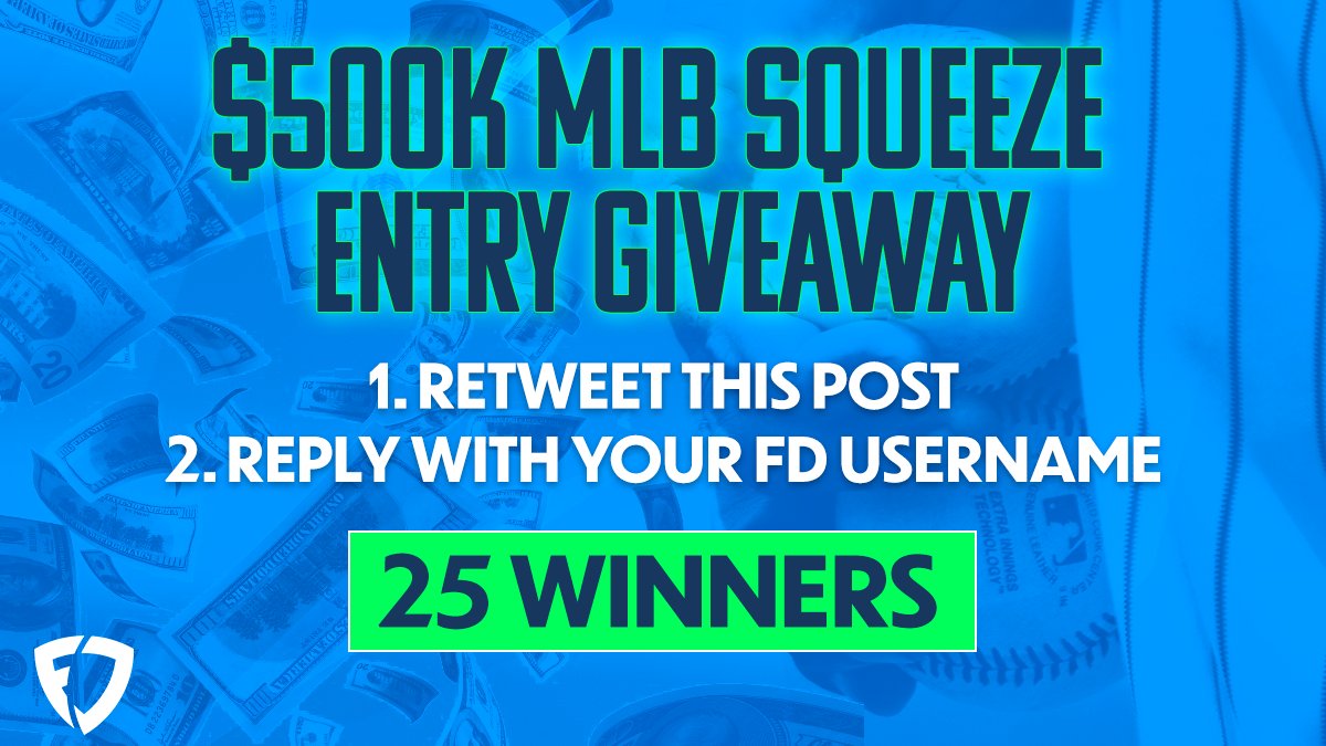 FanDuel's tweet image. We’re giving away 25 FREE entries into our $500K MLB Opening Day Squeeze contest on 4/1! 

To enter:
1⃣ RT this post
2⃣ Reply with your @FanDuel username

Random winners will be entered before lock.