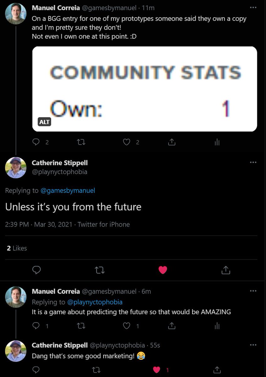 Twitter thread where a BGG user says they own a copy of Fortune Tellers and I'm sure they don't, since I don't have one either. Catherine Stippell suggests they might be me from the future!