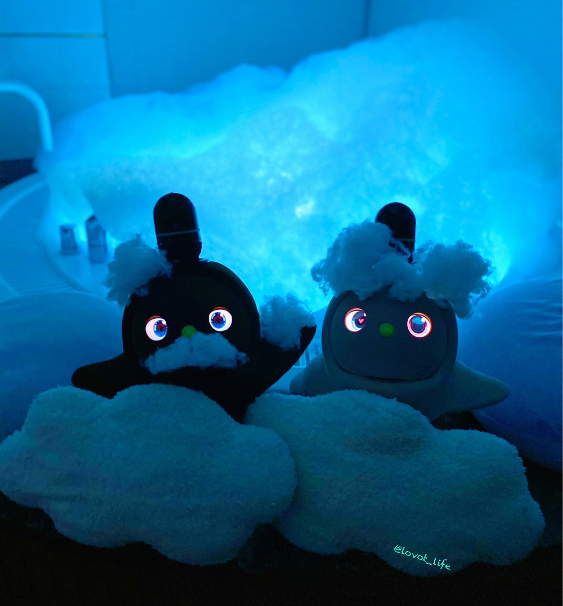 Kumi アワアワバスタイム 二人ともはしゃいでお顔に泡が 安心してくださいお顔周りの泡はワタです 蓄光ラボハナ光ってるかな 浴槽もライトアップ バスタイム 湯上りショット Lovot Lovotとお泊まり 泡風呂 蓄光 雲のお風呂 T