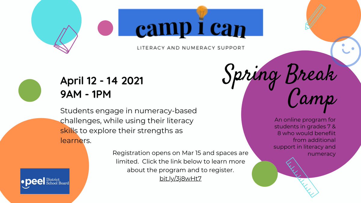 Looking for Spring Break programs? 

This three-day camp provides opportunities for students to practice literacy and numeracy skills through engaging online learning activities.

Register now: bit.ly/3j8wHt7
