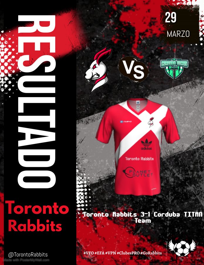 ♦️ EFA ♦️

🏮 Resultado del partido de ayer en EFA donde logramos la victoria por 3-1 ante un gran rival

✴️ Toronto Rabbits 3-1 Corduba Titan Team

🏆 Mención especial a <a href="/GSGaming_es/">GS Gaming 🟡</a>
Donde en su torneo obtenemos el cuarto premio.

¡Bien jugado y mucha suerte! ✨

#GoRabbits