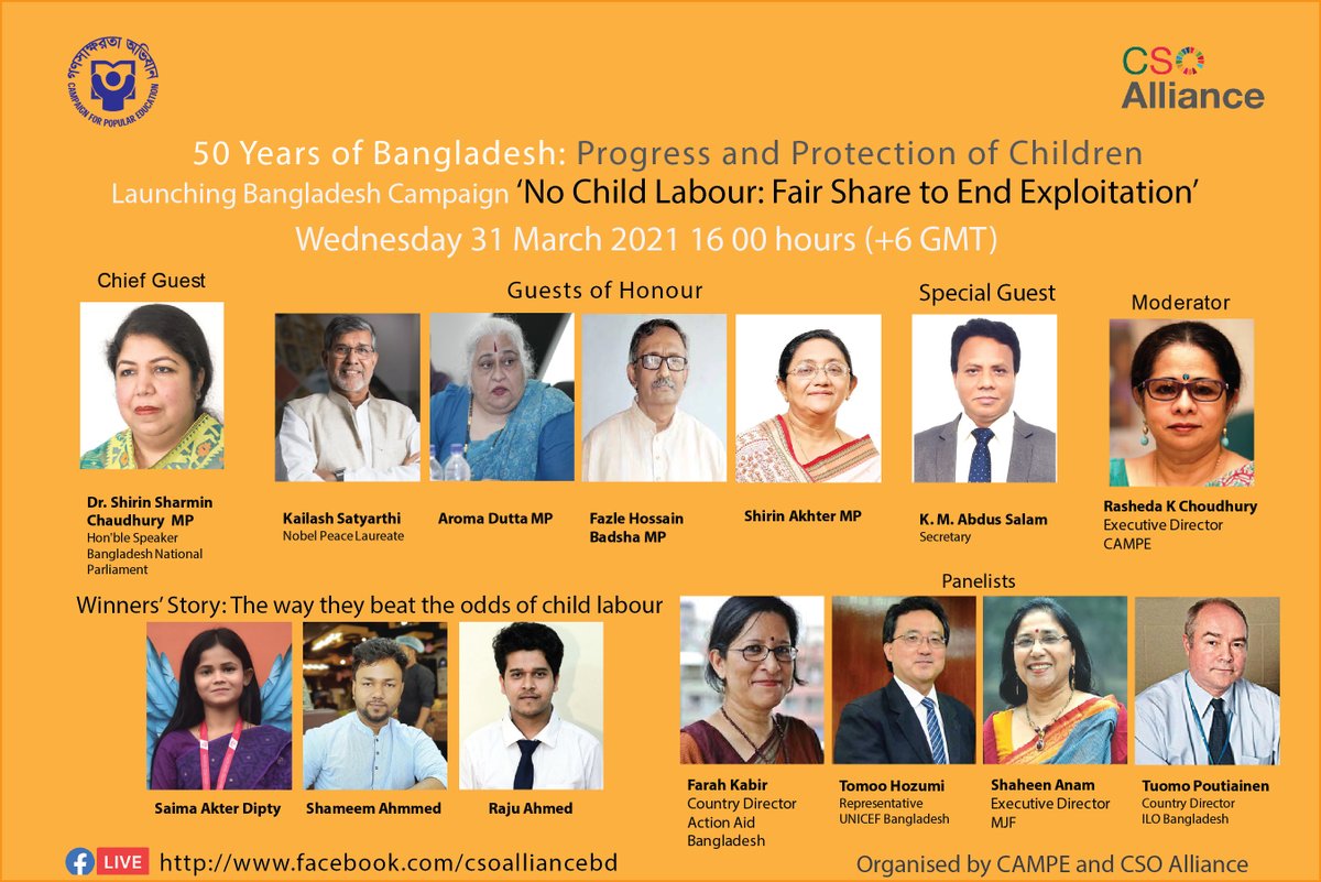 alliance_cso's tweet photo. Watch and share the launching ceremony of the yearlong #campaign on “No Child Labour: FAIR SHARE to END EXPLOITATION” LIVE from our Facebook page on Wednesday, 31 March 2021, 4 pm (BST).
#childlabor https://t.co/QGYc6N6rDK