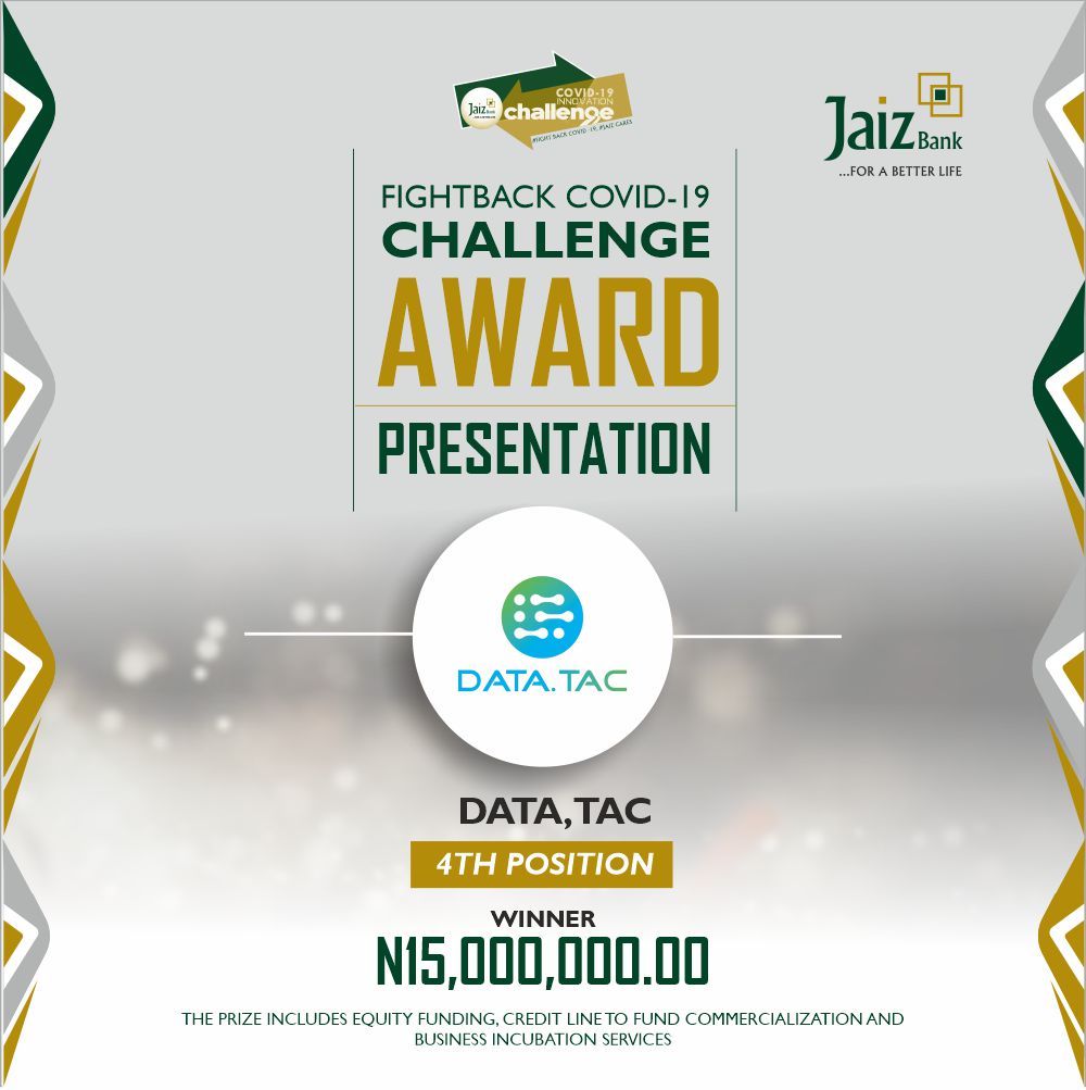 JaizBankNG's tweet photo. Data.Tac emerged 3rd runner up &amp; winner of N15,000,000.00 (the prize includes equity funding, credit line to fund commercialization and business incubation services) cheque presentation: Thursday, 1st April, 2021 Time 11am. Venue: Jaiz Bank Board Room
live stream on Facebook. https://t.co/lKx16XmOms