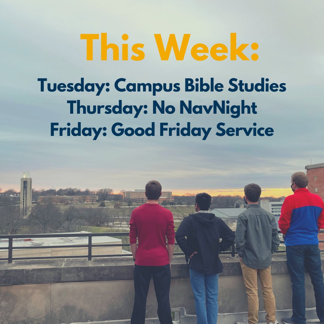 kunavs's tweet photo. THIS WEEK!!

Join us as this week as we continue in 2 Timothy, and reflect on Christs life, death, and resurrection. 
- Tuesday: Campus Bible Studies
- Thursday: No NavNight
- Friday: We will gather together with our friends at Free City Church for a Good Friday Service. https://t.co/33tapgIwXu