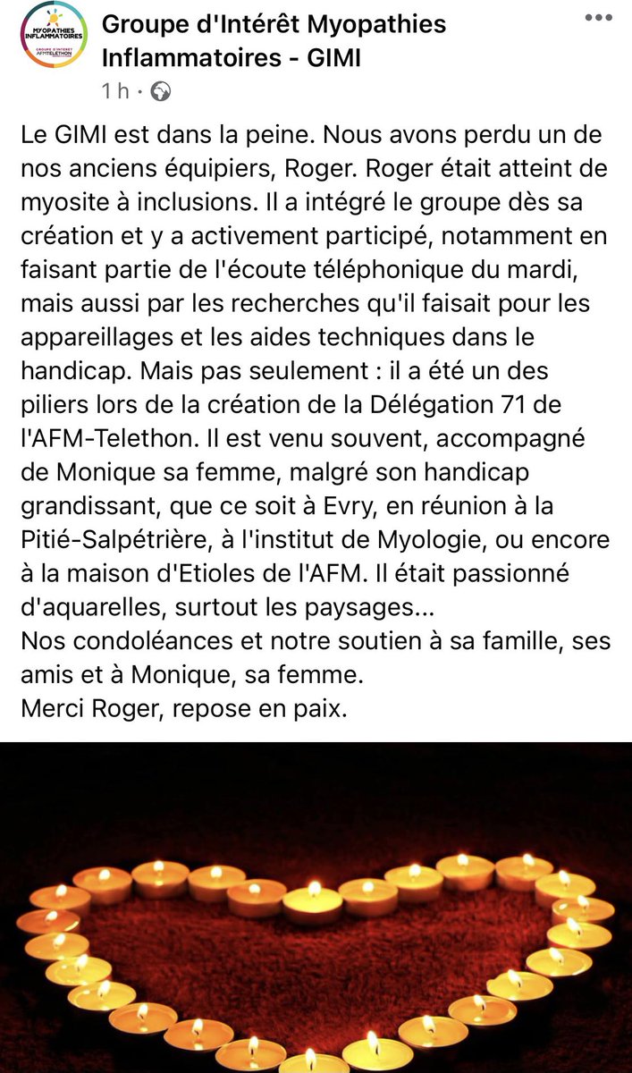 mamyosite's tweet photo. Les associations, ce sont des personnes, ici des patients, qui donnent de leur temps pour les autres patients. Roger était atteint d’une #myosite à inclusions. Pensées pour la famille. #rip Roger. @gimi_Groupe @AfmPresse https://t.co/KpFAYn49YC