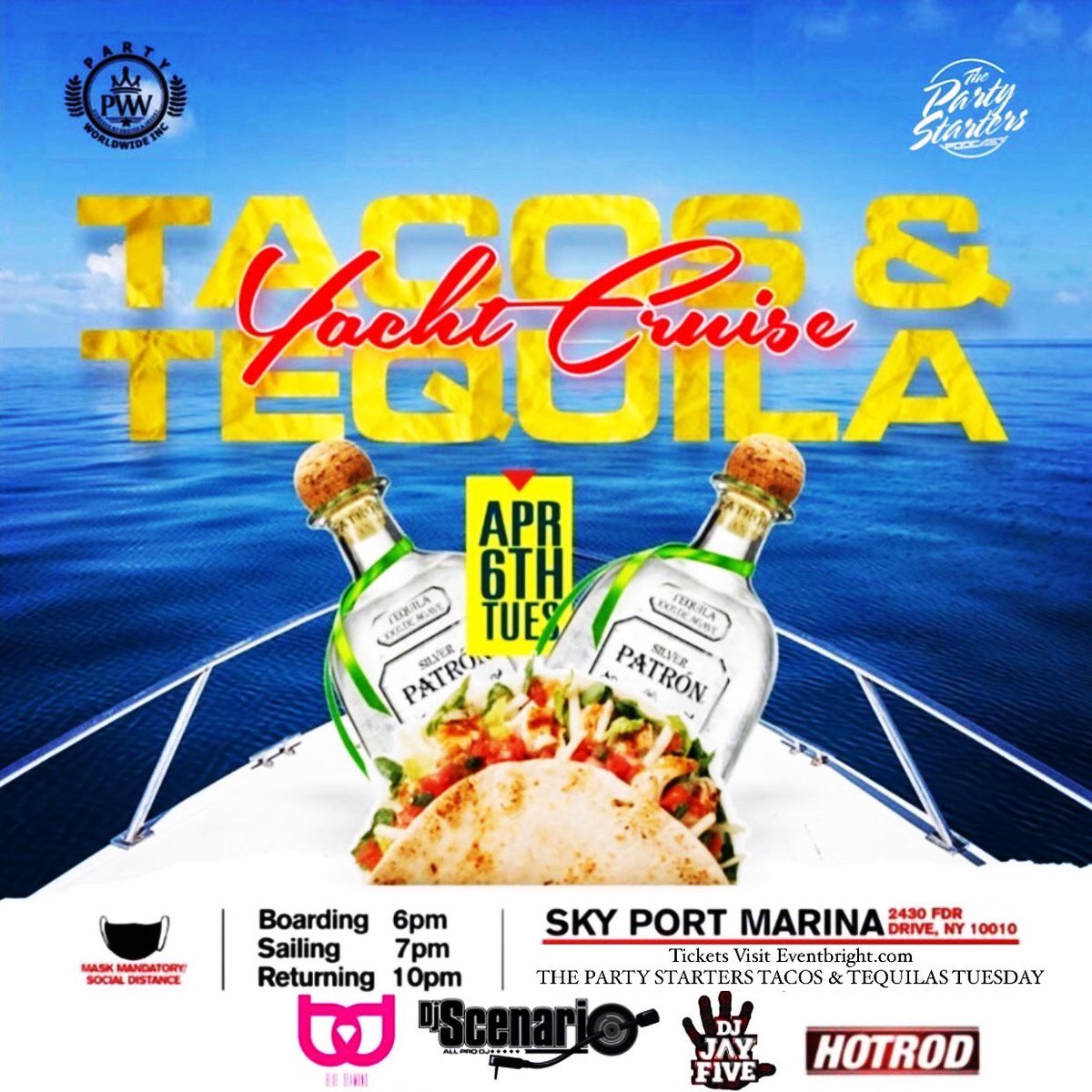 Ed007Nyc's tweet photo. Join us Next Tuesday 
Taco’s &amp; Tequila yacht Cruise  Tuesday, April 6
Very Limited Capacity
Boarding 6 PM 
sailing 7 PM 
returning 10 PM
@bluediamonddj 
@djscenario 
@djjayfive 
 #thepartystarter #thepartystarterpodcast #SpringBreak https://t.co/PPuqUzitNO