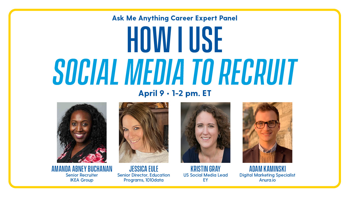 UDLernerCollege's tweet photo. Join #LernerBiz Career Services for the next Ask Me Anything webinar on April 9 starting at 1 p.m. EST to ask career experts from @IKEAUSA, @1010data, @EY_US and @anuraio about how they use social media to connect with candidates and hire. Register here: https://t.co/ipAoI534Wk https://t.co/zOc7AUD2rD