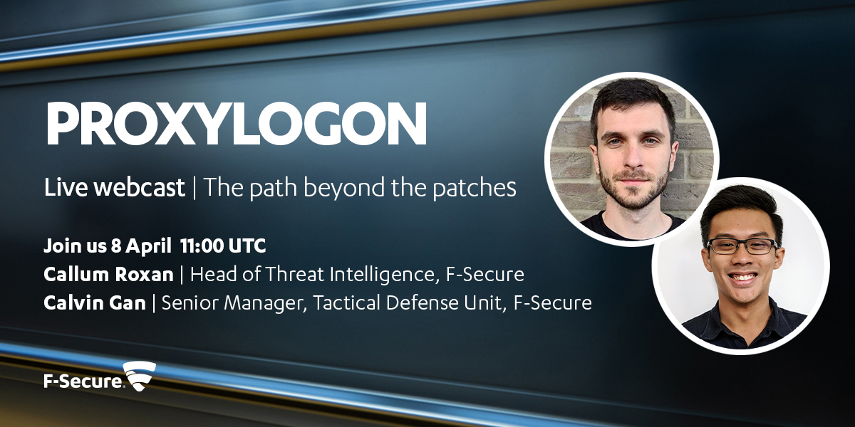 WithSecure's tweet photo. Two brilliant threat and defence experts go deep into the questions about #ProxyLogon that really matter, post-patch: Were we breached? What do we do now? Free webcast: https://t.co/rq06JHFyoo #cybersecurity https://t.co/eYKNNLxTde