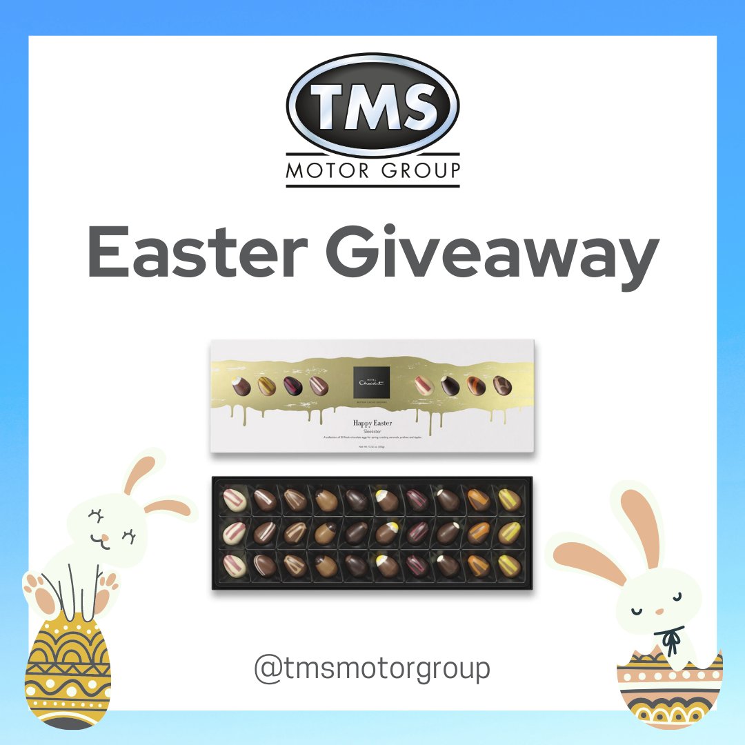 TMSMotorGroup's tweet photo. TMS Easter Giveaway!
We’re giving 5 lucky people a chance at winning these Hotel Chocolat box of 30 delicious chocolate eggs!
Head over to our Instagram page https://t.co/Z2dnNqmcKZ to enter!
Good luck!
#TMS #TMSMotorGroup #Easter #EasterGiveaway #Giveaway #HotelChocolat https://t.co/LOUM2NYfh7