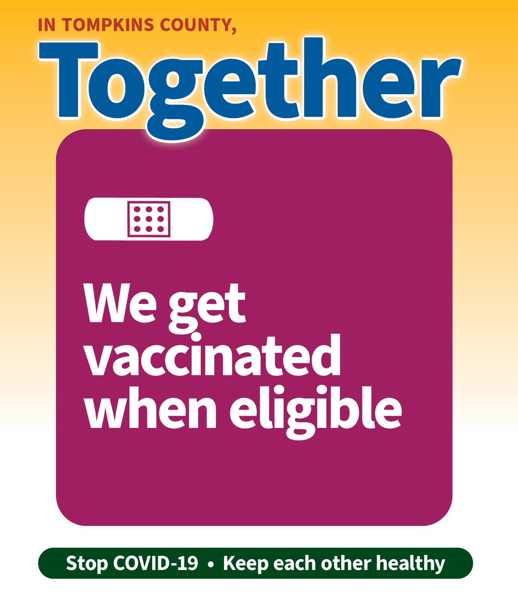 TCWholeHealth's tweet photo. In Tompkins County, Together:
We get vaccinated when eligible
Stop COVID-19 * Keep each other healthy
Learn more at: https://t.co/ewQNt4Tk07 & sign up on the TCHD Vaccine Registry to be notified of available appointments, for eligible individuals.
#TompkinsTogether
#Twithaca https://t.co/vH3eI2fy8v