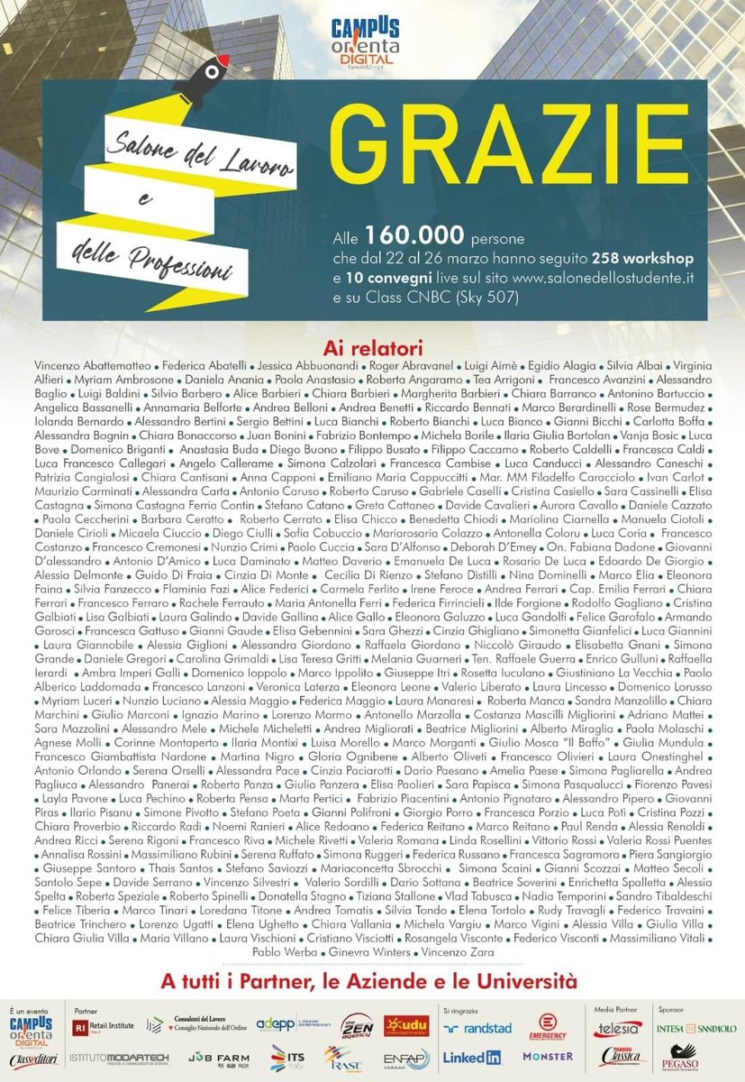 7 giorni di eventi e di presentazioni di aziende, università, agenzie per il lavoro e altre opportunità! 
7 giorni che hanno disegnato un nuovo futuro per i giovani! 

Grazie a tutti!