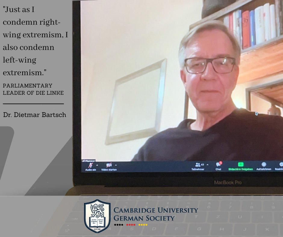 "Just as I condemn right-wing extremism, I also condemn left-wing extremism." (Dr. Dietmar Bartsch, 17 March 2021 <a href="/CUGermanSociety/">Cambridge University German Society</a>)

Interesting last talk of Lent term with <a href="/DietmarBartsch/">Dietmar Bartsch</a>, parliamentary leader of <a href="/dieLinke/">Die Linke</a> in the Bundestag! 

Thank you to everyone who joined!