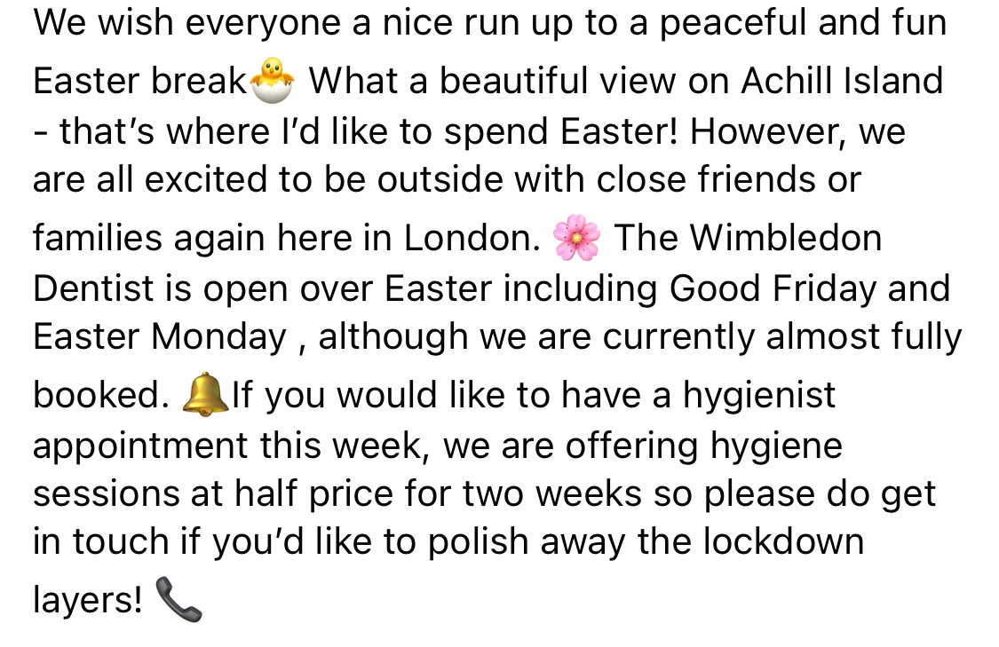 wimbledndentist's tweet photo. We wish everyone a nice run up to a peaceful and fun Easter break🐣 
What a beautiful view on Achill Island - that’s where I’d like to spend Easter!
↘️ Read below about our opening hours and current special offer. https://t.co/ClcivPC0OT