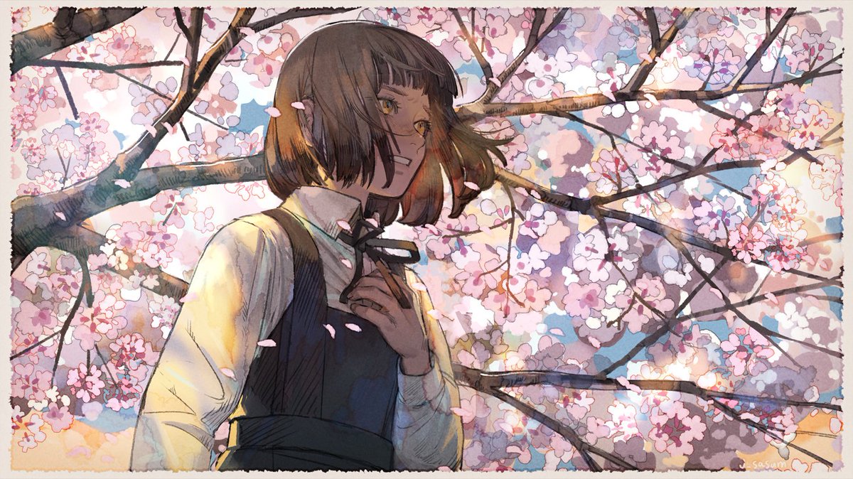 1girl solo cherry blossoms ribbon shirt white shirt short hair  illustration images