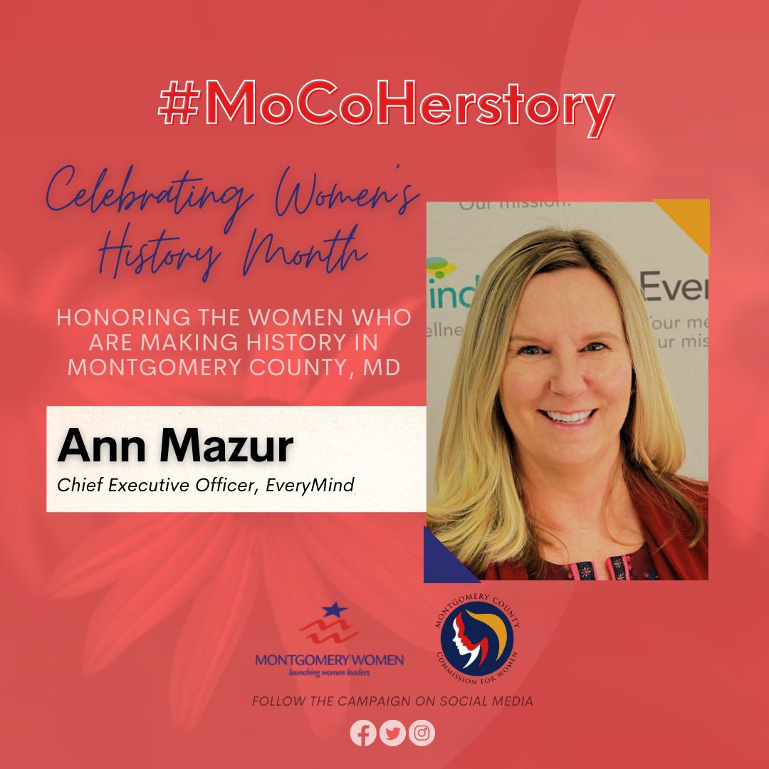 MoCoWomen's tweet photo. 🎉 Throughout the month of March, the #MontgomeryCounty Commission for Women and @MontWomen will honor the women who are making history in our community.
Today we celebrate Ann Mazur, CEO of @EveryMindInc.👏 #MoCoHerstory #womenshistorymonth mont https://t.co/tHo9HCg2rc