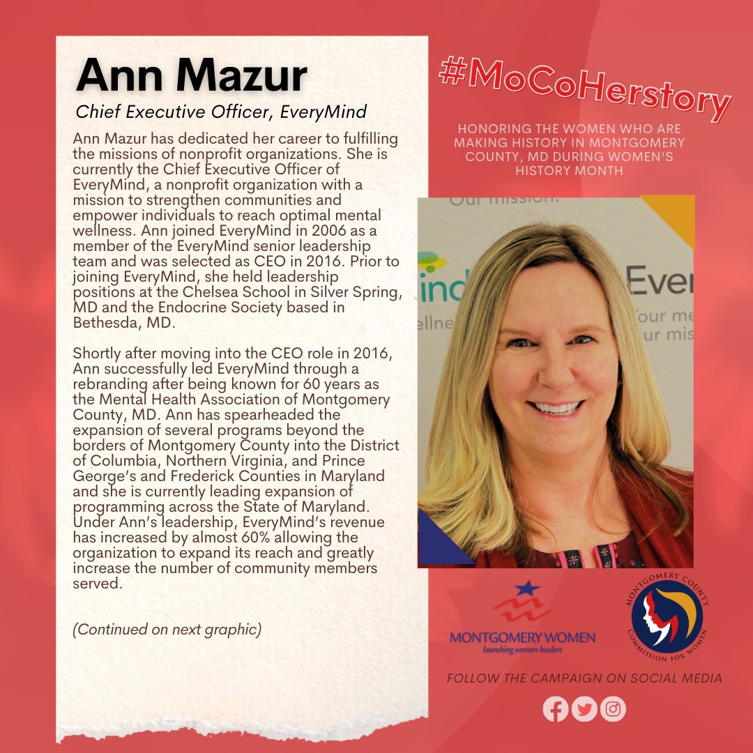 MoCoWomen's tweet photo. 🎉 Throughout the month of March, the #MontgomeryCounty Commission for Women and @MontWomen will honor the women who are making history in our community.
Today we celebrate Ann Mazur, CEO of @EveryMindInc.👏 #MoCoHerstory #womenshistorymonth mont https://t.co/tHo9HCg2rc