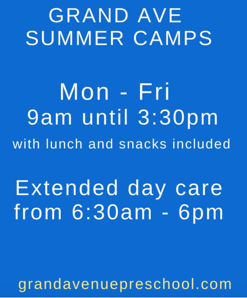 Great summer opportunities at Grand Avenue. 

For more information, visit grandavenuepreschool.com/summer-camps/. If you have questions, contact Mary Rizzardini, Dir. of Western Springs at (708) 246-2270 or Nancy Hayes, Dir. of Burr Ridge at (630) 974-6150.