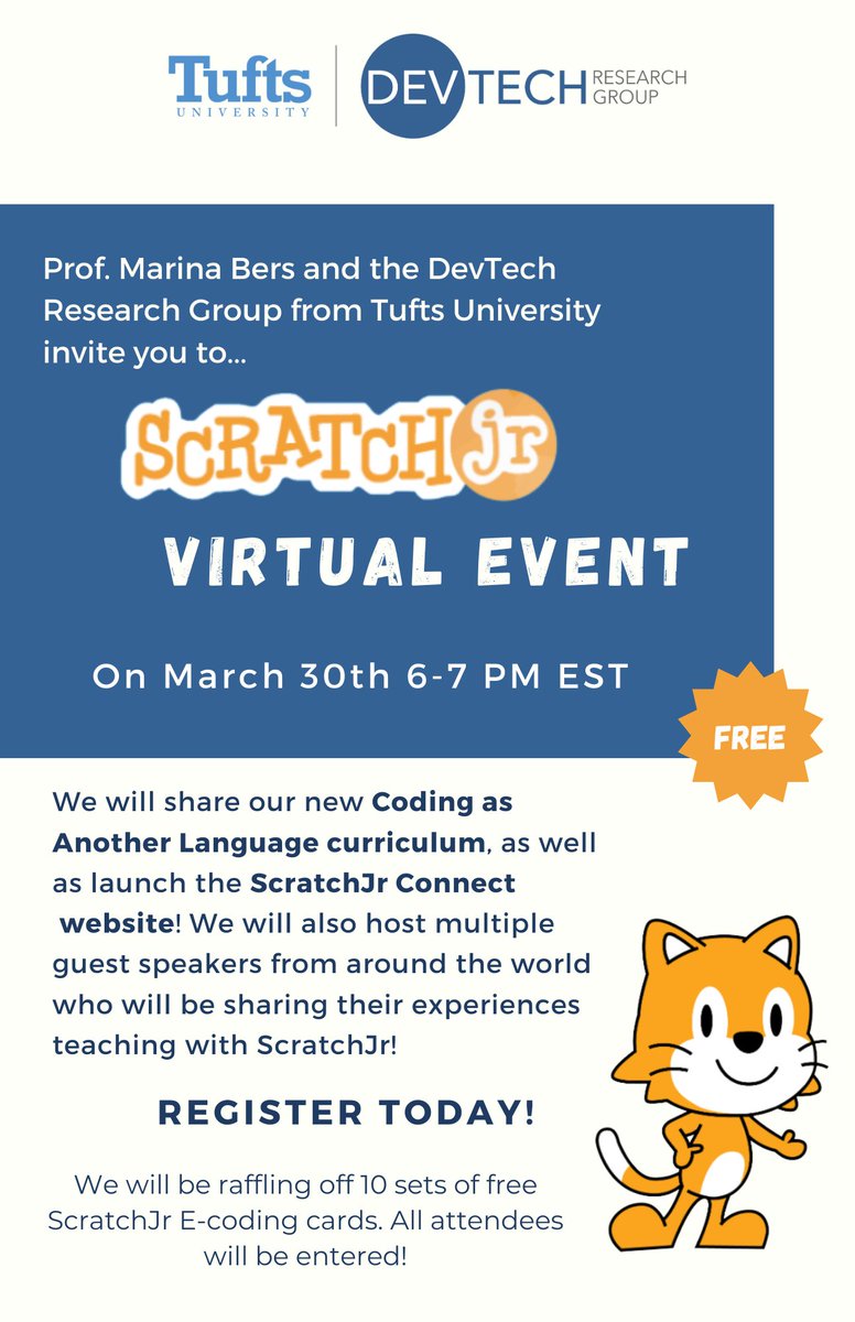 TONIGHT: Prof. Marina Bers and the DevTech Research Group at Tufts University invite you to join a free ScratchJr virtual event 6-7 PM EST! To register, follow this link: bit.ly/sjreventregist…

#CALScratchJr #ScratchJrConnect #ScratchJr #GlobalTuftsMonth