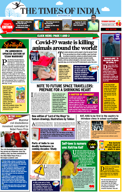 TOIStudent's tweet photo. #News 
Today's #TOIStudent edition available for download from https://t.co/J1ZG2j0Vsx. #Learn how #Covid19 waste is killing animals; #Read #PMModi’s updated edition of #examwarriors and the new edition of #LordOfTheRings. 
#students #Exams2021 #edutwitter #teachers #education https://t.co/gdaBxMv7vV