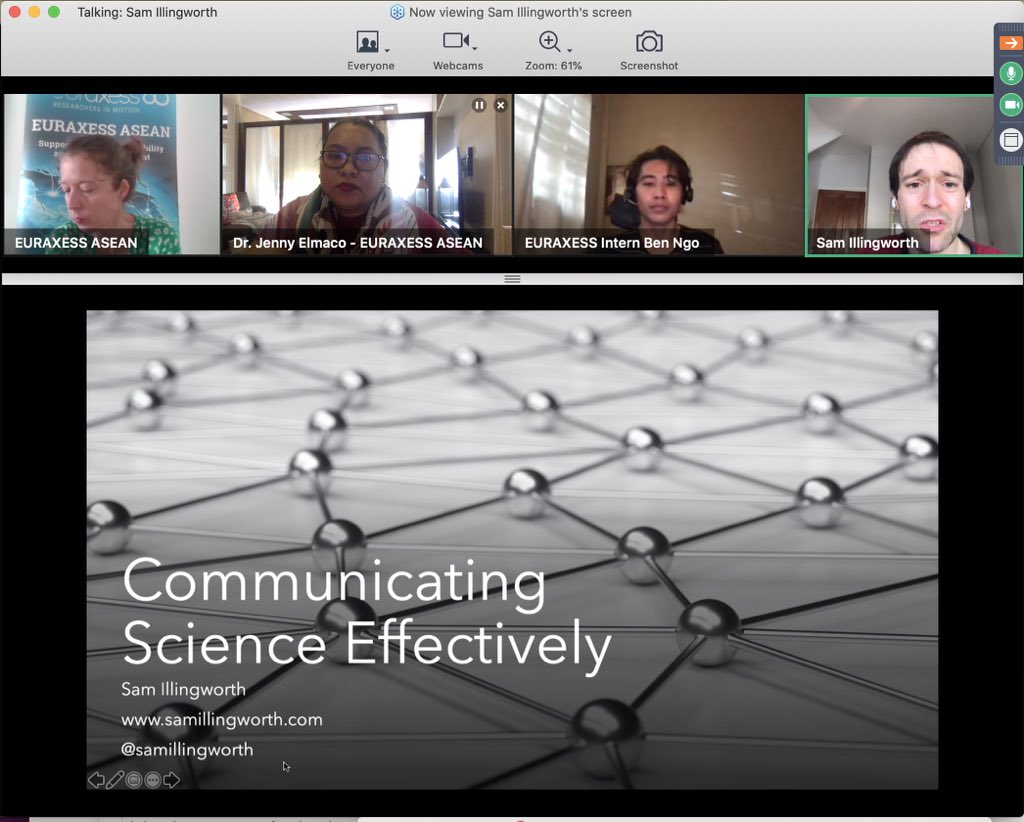 JennyElmaco's tweet photo. ATM: Fascinating talk on #science #communication from Dr. @samillingworth. Lots of useful tips including to be kind to yourself. Second session of @EuraxessASEAN Career Development Series. #scicomm #euraxessasean4researchers https://t.co/rwB3h5arjw