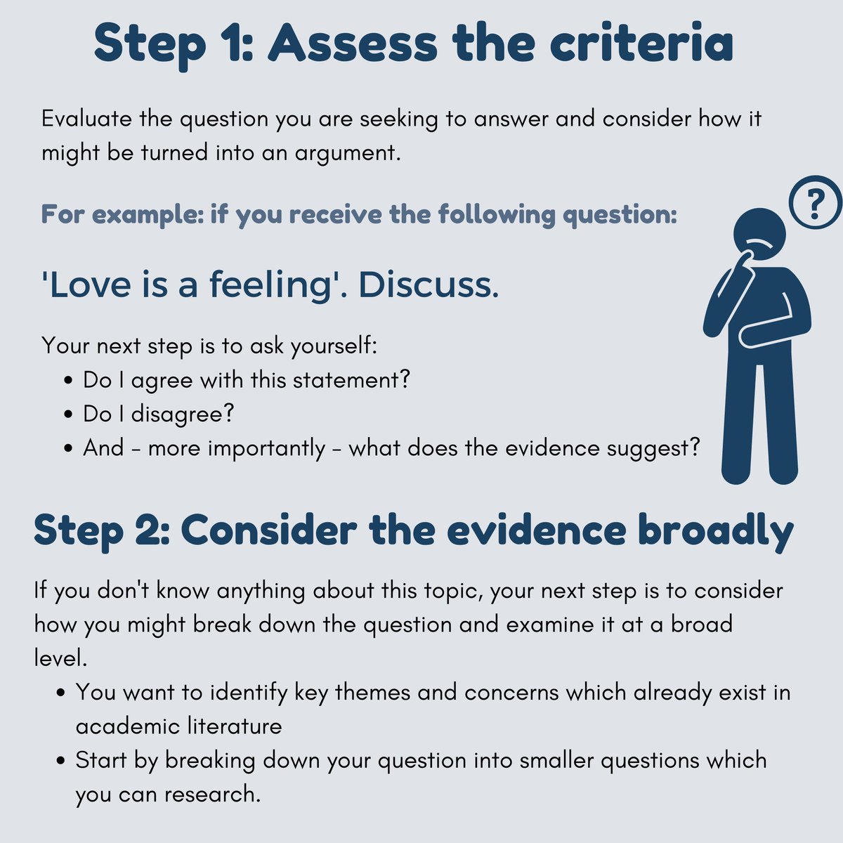 LibraryStMarys's tweet photo. How do you begin to construct an argument for your academic assignment? 

You'll want to start by broadly conducting research followed with narrow research which focuses on evidence for your work...

See below for more details!

#academicwriting #research #undergrads https://t.co/LNRdcWYDIr