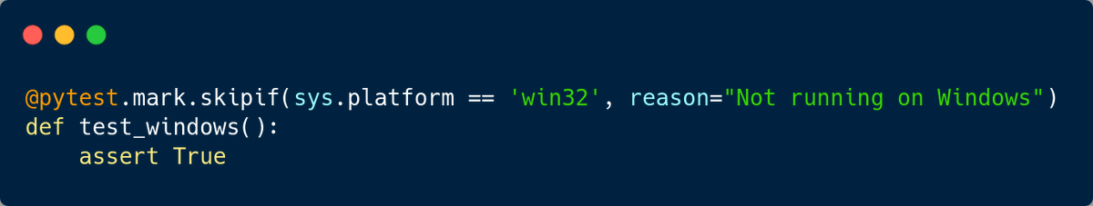 testdrivenio's tweet image. Pytest tip:
You can skip a test based on the condition.
For example, you can skip test when running on Windows👇