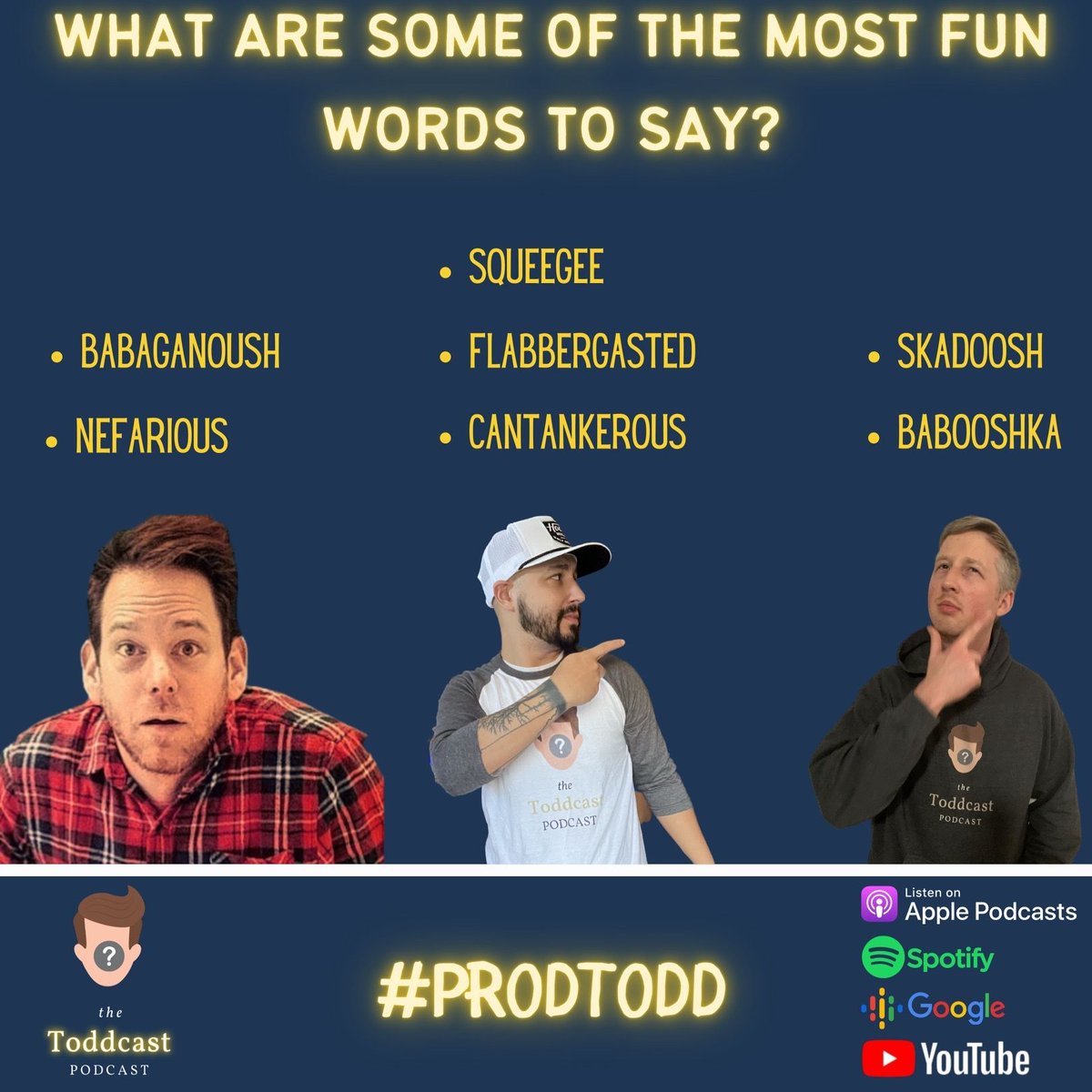 thetoddcastpod's tweet photo. We flexed our vocabulary with @ohmytodd… What are some of the most fun words to say? 

Comment below ⬇️⬇️⬇️

#podcastersofinstagram #podcastmovement #PodcastJunkie #podcastinglife #podcastnetwork #PodcastSeries #comedy #funny #comedypodcast https://t.co/zJbVFhMD0r