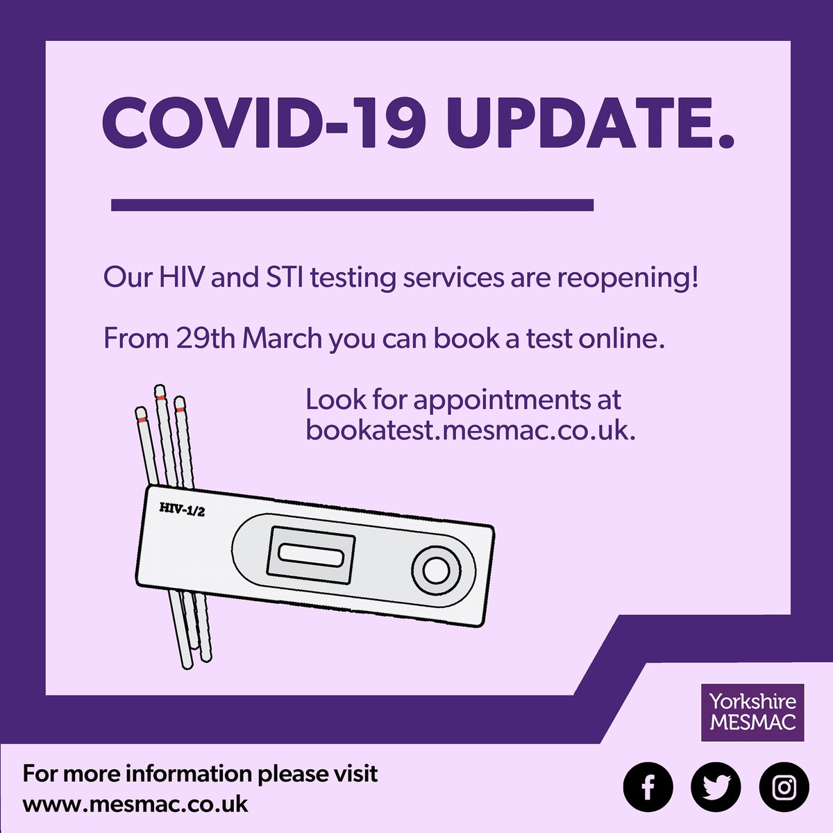 WakeyMesmac's tweet photo. Our STI #HIV and #STI testing service has reopened today here in Wakefield.  Book online at https://t.co/EmQHGpq8gK. https://t.co/RWGTwgccvF